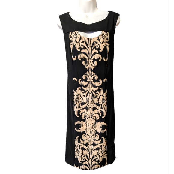 DB Elegant Sheath Dress Black Beige Fleur de Lis Sz. 14 - Picture 2 of 11